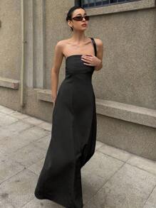 Livesso Đầm không tay màu trơn, đầm dài thanh lịch cho kỳ nghỉ hè của nữ, đầm maxi vải lanh mùa xuân và hè. - màu đen - Xem 5