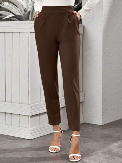 RosyDaze Women's Pleated Straight Leg Plain Solid Casual Pants With Pockets