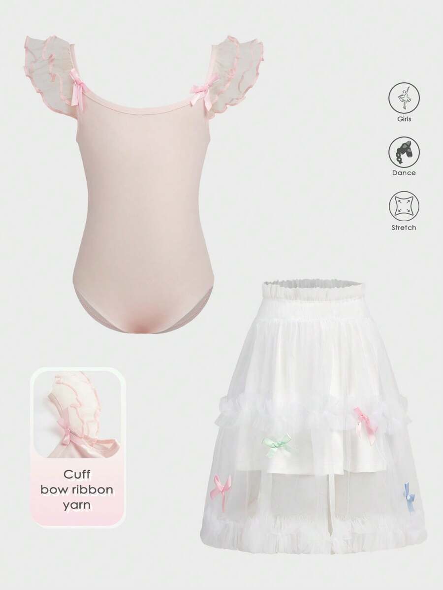 SHEIN Young Girls 2pcs Set Including Spaghetti Strap Bow Decor Ballet Dance Leotard Jumpsuit, Spring/Summer - Dusty Pink - View 1