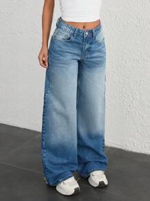 EURMUSE WOMEN LOW WAIST WIDELEG Y2K STREET WEAR CASUAL EVERYDAY - Medium Wash - View 4