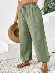 SHEIN Frenchy Plus Size Solid Color Drawstring Waist Loose Tapered Pants - Green - View 3