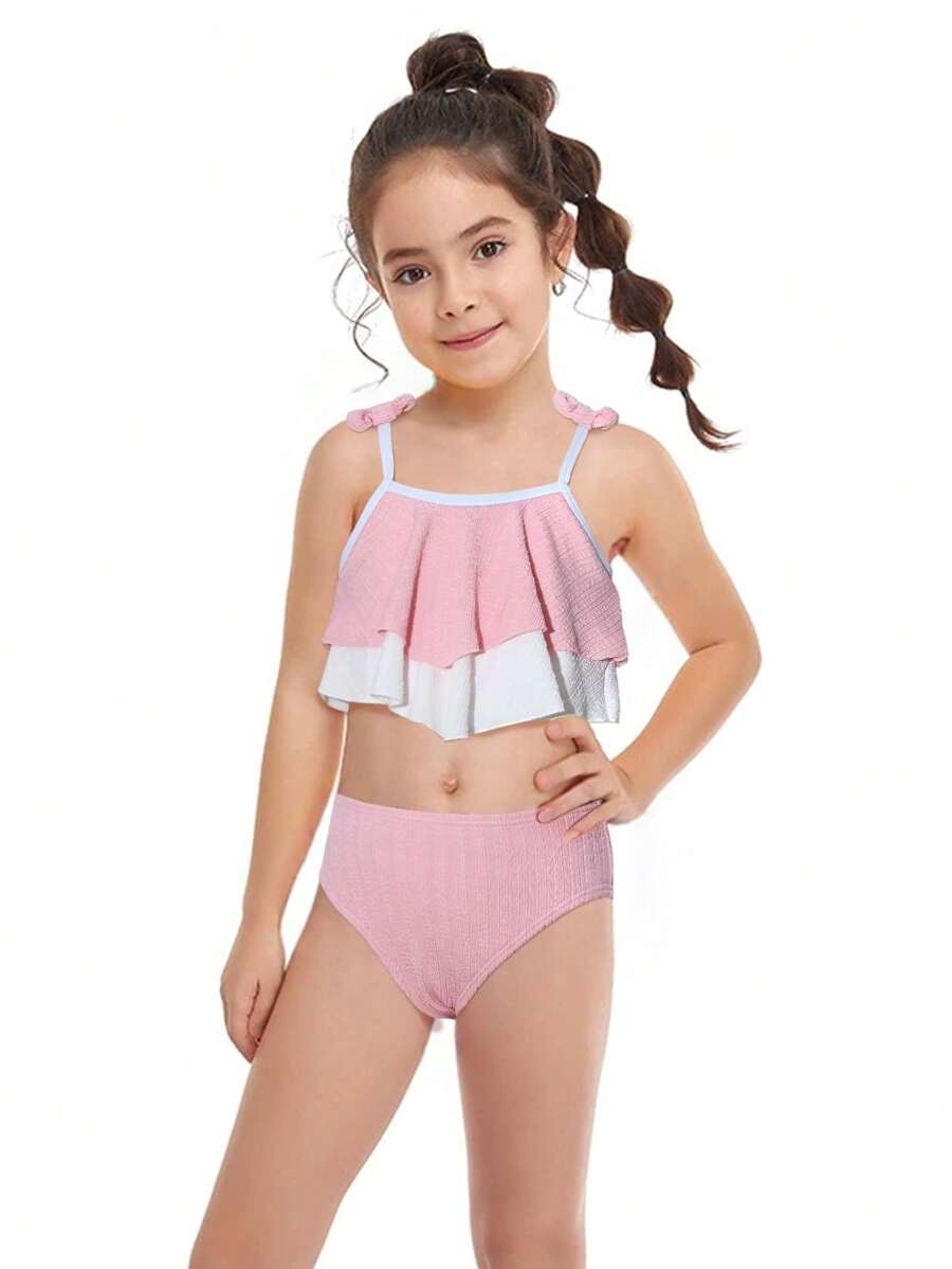 "Young Girls Bikini Sets女童(小)泳衣套装
提花面料粉色白色拼色飞边儿童分体泳衣套装时尚休闲精致华丽淑女适合游泳适合度假适合夏季" - Pink - View 1