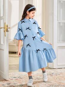 SHEIN Leap Crew Vestito camicia per ragazze pre-adolescenti in blu cielo, con maniche a campana arricciate, fiocco decorativo, vestibilità ampia e comoda, adatto per il ritorno a scuola e uso casual - celeste - Visualizzare 3