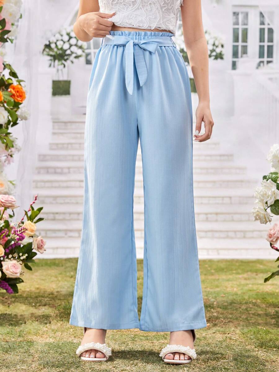 Quần ống rộng xếp ly gợn sóng cho bé gái tuổi teen có thắt lưng, thoải mái và dễ thương, thích hợp cho các buổi đi chơi thường ngày vào mùa xuân/hè - Màu xanh lam - Xem 1