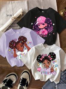 SHEIN Leap Crew 2 pièces/Set T-shirts imprimés de bandes dessinées décontractés pour jeune fille, convenant pour l'été - Multicolore - Voir 1