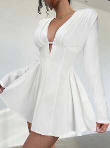 Aloruh Women's Elegant Sexy Solid Color Pleated Deep V-Neck Mini Dress - White - View 3