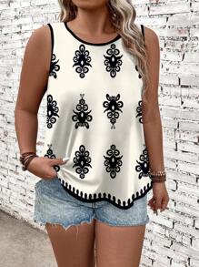 EMERY ROSE Casual Versatile Retro Floral Print Plus Size Tank Top For Summer - Black and White - View 1