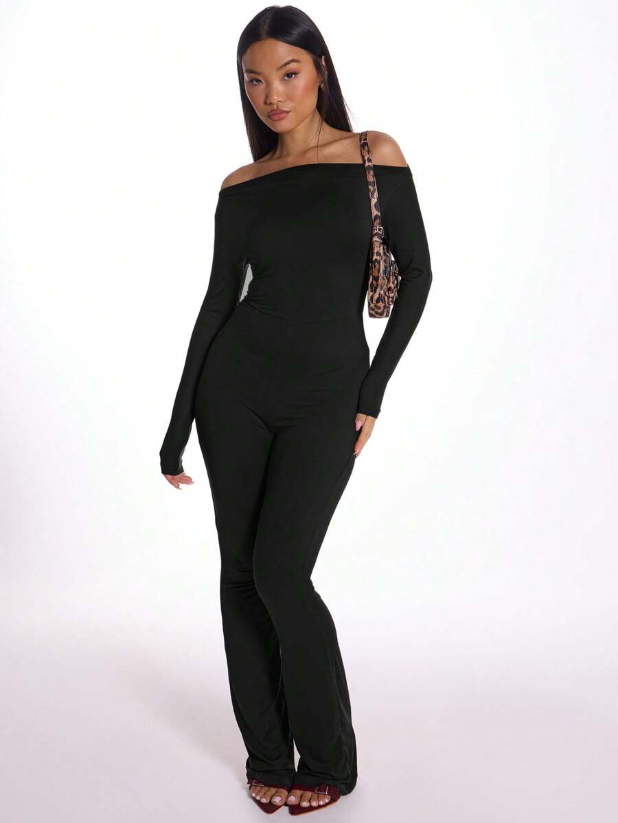MUSERA Off The Shoulder Flared Jumpsuit Elegant Prom Graduation Birthday Wedding Guest Spring Summer Vacation Night Out Fall Autumn Winter Casual Everyday Sexy    Chic Valentines - Black - View 1