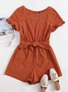 SHEIN LUNE Ruffle Trim Split Back Self Belted Romper - Burnt Orange - View 6