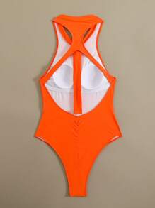 春假女士沙滩装，女士纯色前拉链露背连体泳衣