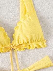Swim Vcay Set de 2 piezas de ropa de playa de verano para mujer, Top corto con tirantes de jacquard amarillo y bikini de tanga