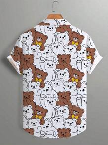 Manfinity Hypemode Chemise décontractée à manches courtes, col simple, imprimé ours de dessin animé pour homme