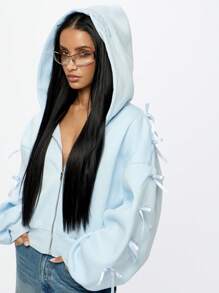 SUMWON WOMEN Moletom Cropped Premium de Verão da Society com Detalhe de Manga com Laço Decorativo, Moda Streetwear Casual, Moletom Esportivo Para Lazer, Vestuário de Outono e Primavera - Azul - Visão 5