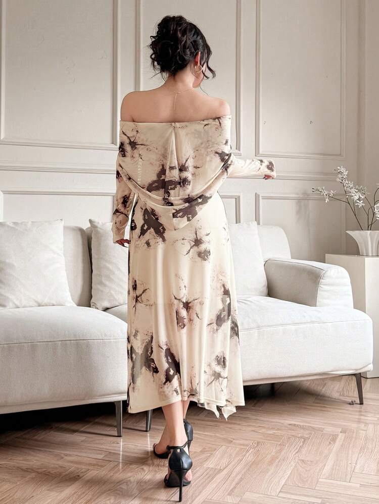 Mesh All-Over Floral Off Shoulder High Slit Midi Dress For Women Prom Dress,Fall Dress Long Sleeve Dress Elegant Women Dresses
