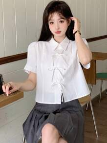 DAZY Của phụ nữ Màu thuần Bong bóng Tay áo Cà vạt Áo sơ mi - trắng - Xem 3