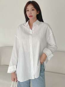 DAZY 纯色纽扣前落肩宽松衬衫，长袖上衣 - 白色 - 查看 3