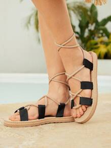 Styleloop Women's Fashion Casual Boho Style Flat Sandals, Lace-Up Design Contrast Color Woven Bands, Soft Comfortable Lightweight Flexible Soles, Suitable For Summer Travel, Beach, Holiday Spring Break Easter - Black - View 4