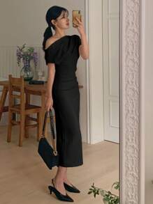 DAZY 女士优雅纯色斜肩束腰中长连衣裙优雅太阳裙 - 黑色 - 查看 3