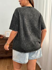 SHEIN EZwear 大码复古褪色老鹰与玫瑰印花宽松棉质 T 恤 - 黑色 - 查看 2