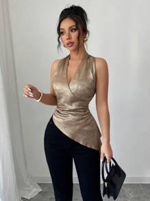 Elenzga Damen elegante Bluse mit goldfarbenem Foliendruck, tiefer V-Ausschnitt und asymmetrischem Saum, körperbetont, geeignet für Pendeln, Musikfestivals, Urlaub - Gold - Übersicht 3