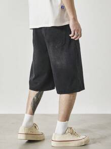 Claim Dot 男士黑色水洗宽松休闲牛仔短裤，都市休闲风格 - 黑色 - 查看 2