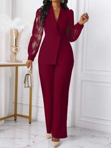 Xyvia 2pcs/Set Women's Lace Trim Button Decor Waist Fitted Top Set Fall Cloth For Women - Burgundy - View 6