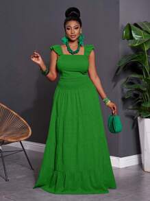 Slaydiva 2pcs Set: Casual Vacation Solid Peach Red Cap Sleeve Crop Top & Textured Flare Midi Skirt, Plus Size Women, Spring/Summer 2025,Holiday Outfits Boho - Green - View 6