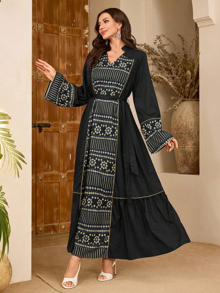 Al Najma Women's V-Neck Pattern Patchwork Modest & Elegant Long Tunic/ Traditional Abaya, Kaftan - Black - View 6