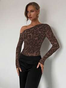 Almamuse Damen Mode Leoparden Muster Mesh Schulterfreie Langarm Bodys