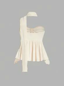 SHEIN MOD 1pc Apricot Knitted Asymmetrical Drawstring Neck, Women Going Out Tops, Women Bandeau Tops, Elegant Vacation, Sexy, Beach, Party Tops Women