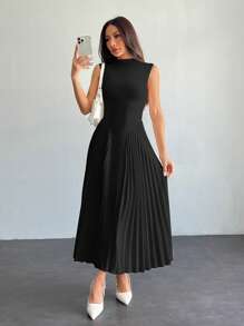 SHEIN PETITE 女士优雅褶皱紧身 A 字形连衣裙 - 黑色 - 查看 4
