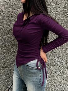 DAZY Women Plain Scoop Neck Long Sleeve Side Drawstring Casual T-Shirt - Purple - View 4