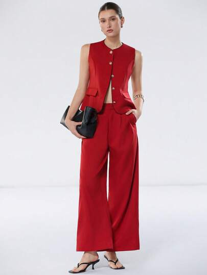 Aveloria Modichic 女士红黑拼接设计高端时尚优雅百搭别致背心套装