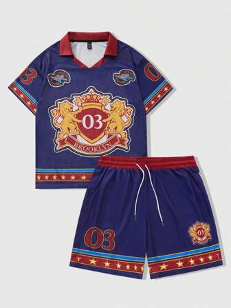 Prep Set di Maglietta a maniche corte e pantaloncini casual da uomo con stampe di badge e lettere