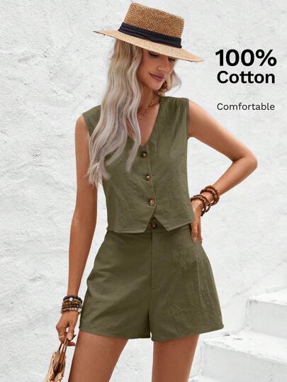 Wildy Damskjorta med V-ringad sommarväst, A-line shorts med fåll, vintage bomull Linne Casual Vacation Outfits 2st/set