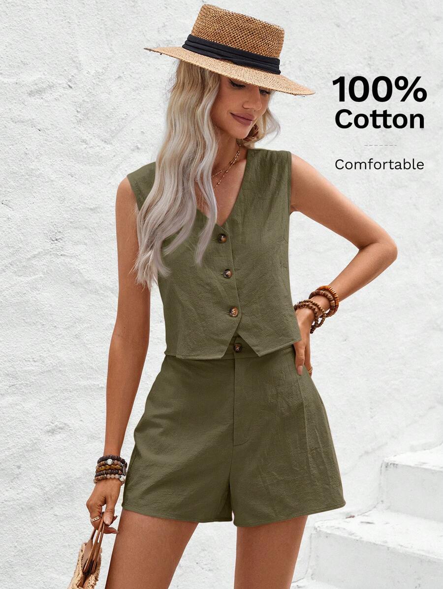 Wildy Women's Summer V-Neck Button Down Vest Shirt, A-Line Hem Shorts, Vintage Cotton Linen Casual Vacation Outfits 2pcs/Set - Army Green - View 1
