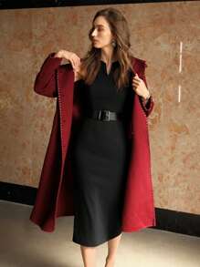 MOTF PREMIUM NOTCHED V-NECK DRESS WITH PU BELT - Black - View 5