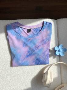 Comfortcana Women's Spring/Summer New Tie-Dye Round Neck Cropped Casual T-Shirt - Multicolor - View 4