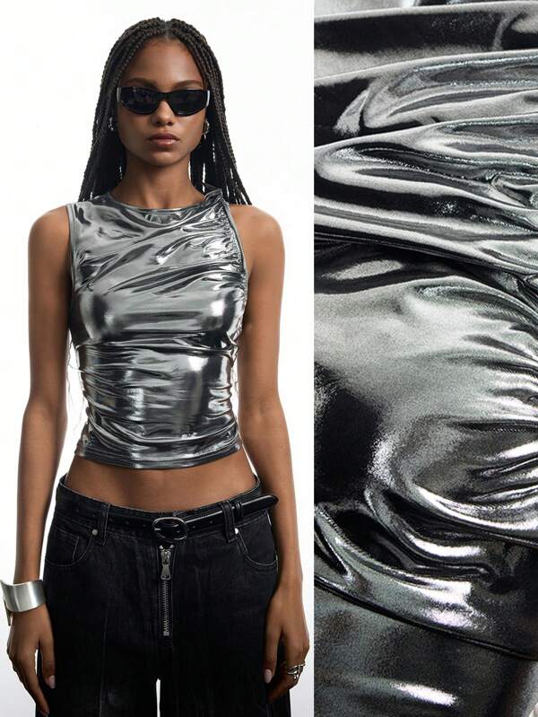 LYSMO 2025 New Arrival Women's Summer Party Y3k Festival Fashionable Ruched Slim-Fit Sleeveless Top, Silver Color