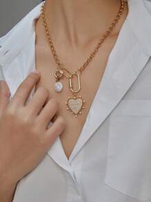 1 件心形吊坠项链，心形罗洛链项链，红色心形吊坠项链，金色多吊坠项链，情人节 - 金色 - 查看 2