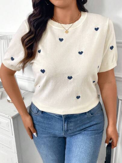 SHEIN Frenchy Plus Size Women's Short Sleeve Crew Neck Heart Print Pullover Sweater, Minimalist And Fashionable Winter Fall Autumn