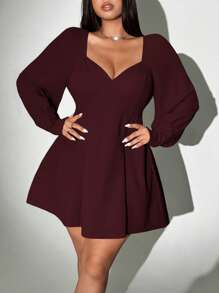 Viva Relle 大码纯色简约长袖连衣裙，夏季时尚 - 紅木色 - 查看 1