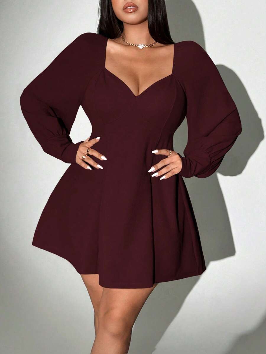 Viva Relle 大码纯色简约长袖连衣裙，夏季时尚 - 紅木色 - 查看 1