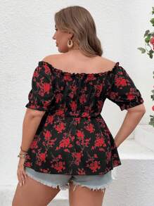 SHEIN Clasi 女士大码浪漫花卉印花露肩短袖时尚衬衫