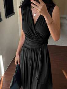 DAZY Váy không tay cổ chữ V buộc eo cho nữ, váy dài mùa hè thanh lịch, váy suông công sở cho nữ, váy trang trọng cho nữ - màu đen - Xem 1