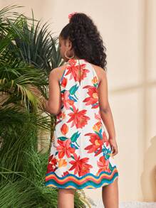 SHEIN Vestido informal hasta la rodilla de línea A, de tejido, sin mangas, con cuello de pie, hombros abiertos, estampado floral tropical colorido, para niña preadolescente, conjunto familiar a juego