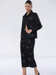 SHEIN Privé Set da 2 pezzi di abbigliamento casual da ufficio per donne: camicia con colletto e polsini con bottoni + gonna lunga basic, in tessuto premium con ricamo - nero - Visualizzare 1