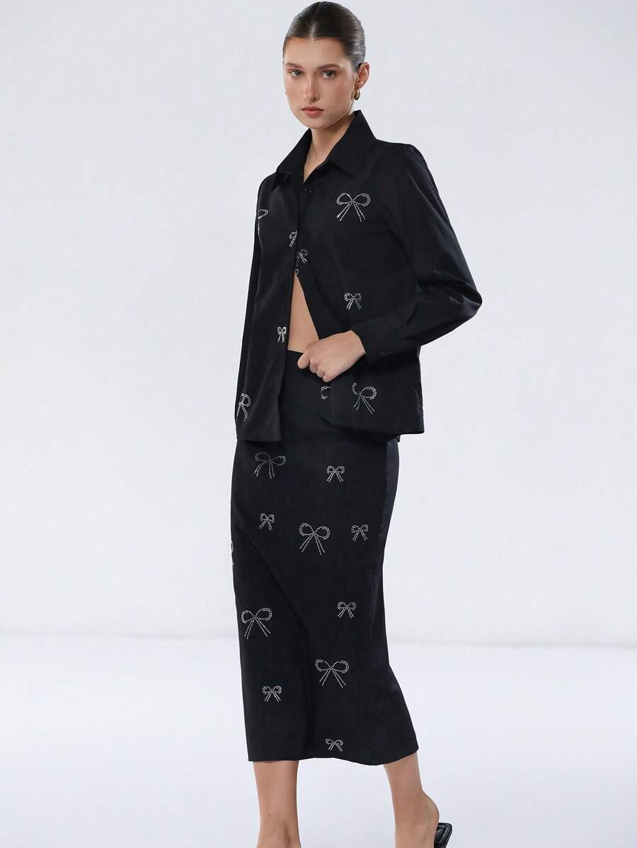 SHEIN Privé Set da 2 pezzi di abbigliamento casual da ufficio per donne: camicia con colletto e polsini con bottoni + gonna lunga basic, in tessuto premium con ricamo - nero - Visualizzare 1