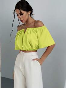 Aloruh Elegantes V-Ausschnitt Pendlerhemd mit freier Schulter, tailliert, kurz - Gelb - Übersicht 4