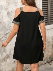 SHEIN LUNE Plus Size Women Gold Ribbon Trim V-Neck Shoulder Strap Elegant Slip Dress - Black - View 2